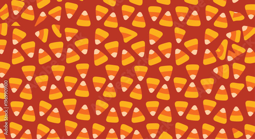 Densely packed seamless pattern of iconic halloween candy corn pieces with white, orange, and yellow segments on a deep brown background.