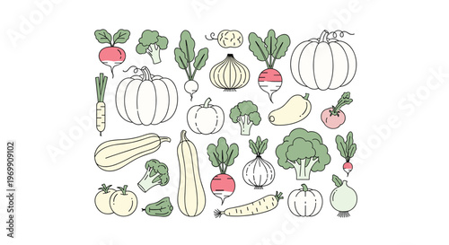 Large set of colorful hand drawn vegetable icons including pumpkins, broccoli, onions, and radishes in a clean linear illustration style.