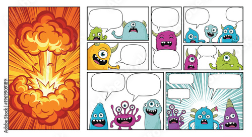 Multi panel comic book template with colorful monster characters, a massive explosion, and various speech bubbles for creative storytelling.
