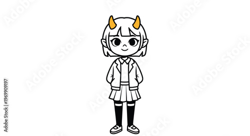 Simple black and white line art illustration of a cute demon girl character with orange horns wearing a school uniform and short skirt.