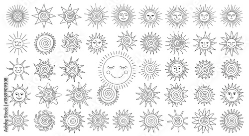 Extensive set of artistic sun illustrations with diverse facial expressions and unique ray patterns in a hand drawn line art style.