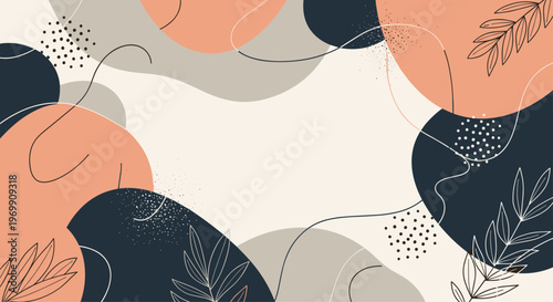 Modern abstract background featuring organic fluid shapes, leaf outlines, and stippled textures in muted terracotta and navy tones.