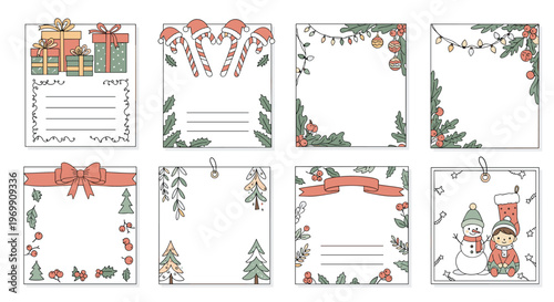 Festive set of Christmas gift tags and frames decorated with presents, candy canes, trees, and cute winter holiday characters.