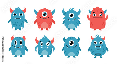 Set of eight cute and colorful cartoon monsters in various shapes with horns, spots, and friendly smiling facial expressions.