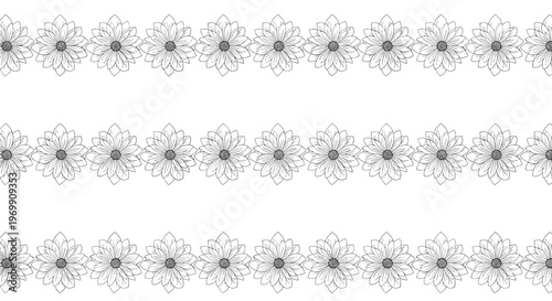 Seamless floral border pattern featuring three horizontal rows of identical hand drawn flowers in a black and white line art style.