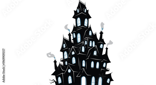 Spooky black silhouette of a large gothic haunted house mansion with multiple towers and glowing blue windows against white.
