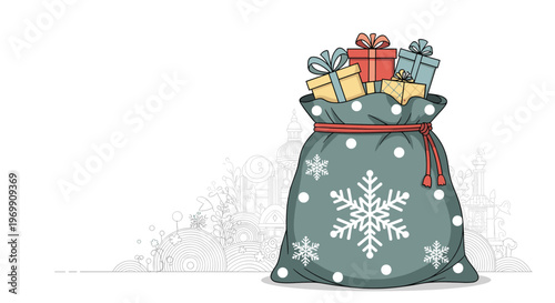 Festive illustration of a large green sack filled with wrapped presents on a background of a faint stylized winter city skyline.