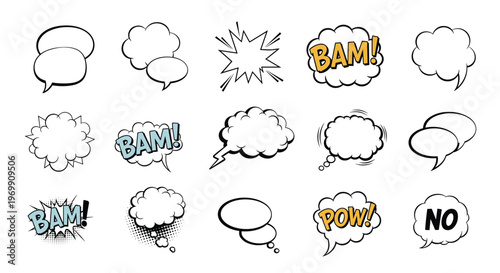 Large set of various hand drawn comic book speech bubbles with some featuring action words like bam and pow in a fun style.
