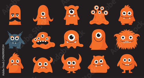 Large collection of cute cartoon monsters in orange and blue featuring various eyes and facial expressions for fun character design projects.