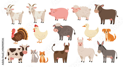 Diverse collection of cute cartoon farm animals including cows, goats, pigs, sheep, chickens, ducks, and even a friendly llama.
