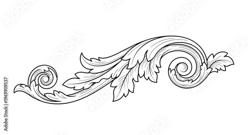 Classic black and white acanthus leaf scroll ornament with elegant curves and detailed shading for traditional architectural or graphic design.