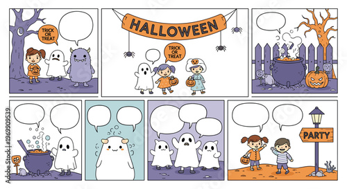 Halloween comic book strip featuring cute ghosts and friendly monsters trick or treating with empty speech bubbles for your own spooky stories.