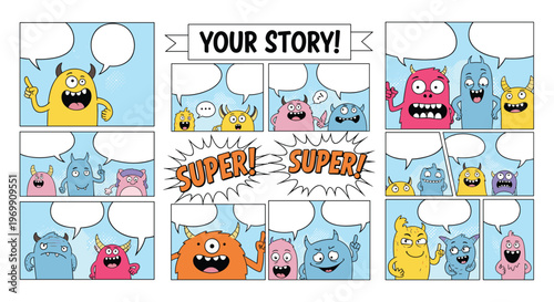 Fun comic book page template titled your story with colorful monster characters and blank speech bubbles for creative storytelling activities.