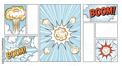 Comic book layout template featuring explosive smoke clouds and boom sound effects with empty panels for creating your own action packed story.