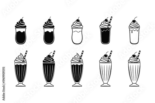 Collection of nine stylized black and white illustrations of cold beverages in various glass types with whipped cream and straws, isolated on white background.