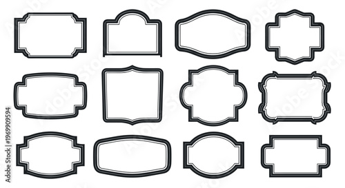 Set of twelve classic vintage frame borders with black outlines and various elegant shapes for stylish labels signs and stationery designs.