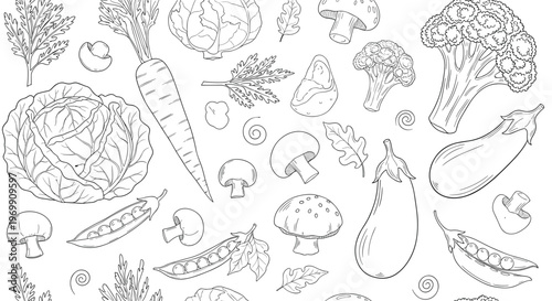 Seamless pattern of various hand drawn vegetable sketches including cabbage carrots eggplant peas and mushrooms for healthy food backgrounds.