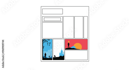 Modern comic book page layout featuring colorful silhouette scenes and empty panels for creative storytelling and graphic novel projects.