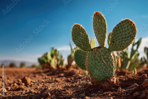 Sunny desert garden scene featuring a cactus with flat pads and vibrant blue sky