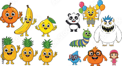Cute fruit characters collection with orange banana lemon pineapple cartoon monsters panda caterpillar and kids vector illustration set