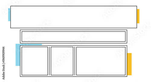 Minimalist layout for presentation or website featuring white rectangular boxes with blue and yellow accent bars.