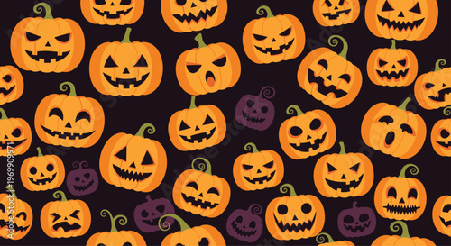Vibrant seamless pattern of orange and purple jack o lanterns with various expressions on a dark black background.