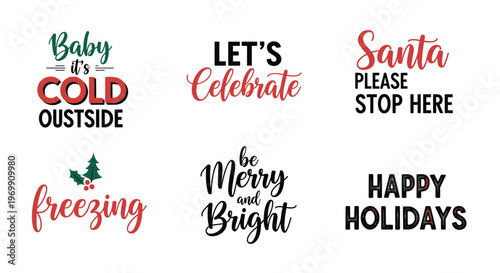 Collection of festive christmas and holiday themed typographic sayings with stylized lettering for seasonal cards.