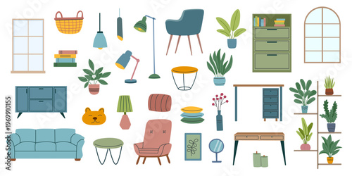 Interior furniture and decor elements set in flat style isolated on white background. Collection of vector cliparts.