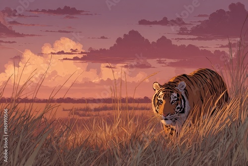 Tiger hunting in a grassland at sunset â€” dramatic illustrated scene