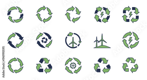 Eco-friendly recycling and renewable energy icons set for sustainability concepts