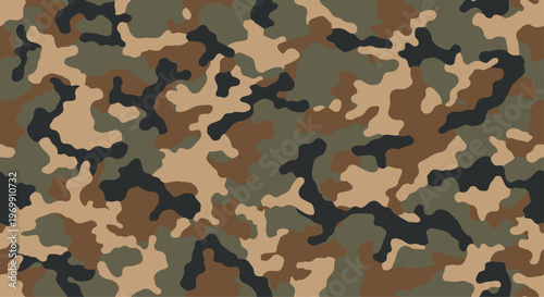 Military camouflage pattern features a seamless repeat of organic abstract shapes in olive green, brown, tan, and black.
