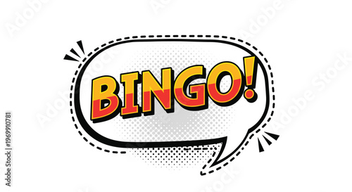 Word bingo appears in a colorful yellow and red font inside a dotted comic book speech bubble on a white background.