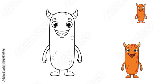 Monster coloring page shows a tall orange creature with horns and spots alongside its black and white outline version.