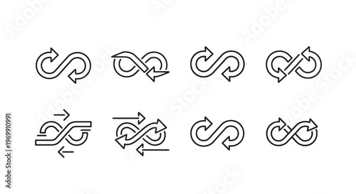 Infinity Loop Arrow Icons Set, Continuous Cycle Symbols, Endless Process Line Art Graphics