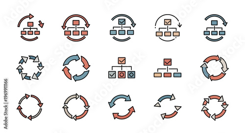 Process and Workflow Icons Set: Business Cycle, Flowchart, and Refresh Arrows Collection