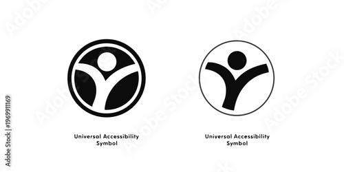 "A professional, high-resolution vector icon set of the universal accessibility human figure, isolated on a white background. The collection features two distinct circular styles: on the left, a white