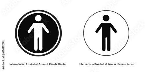 "A professional, high-resolution vector icon set of the universal accessibility human figure, isolated on a white background. The collection features two distinct circular styles: on the left, a white