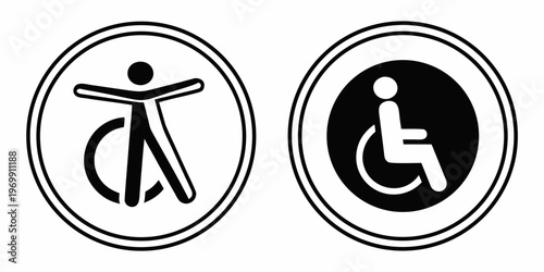 "A professional, high-resolution vector icon set of the universal accessibility human figure, isolated on a white background. The collection features two distinct circular styles: on the left, a white