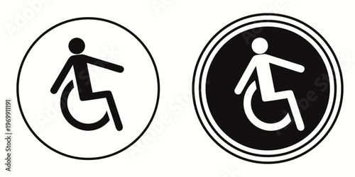 "A professional, high-resolution vector icon set of the universal accessibility human figure, isolated on a white background. The collection features two distinct circular styles: on the left, a white