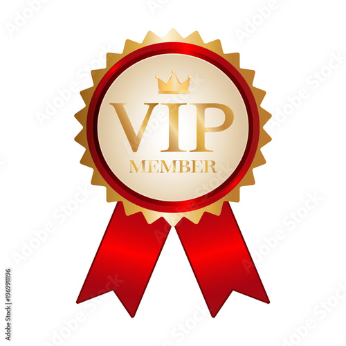 VIP emblem with a golden crown, frame, and text. Round VIP premium membership icon with red ribbons in vector illustration.