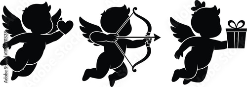 Cupid angel silhouettes set with bow arrow heart and gift in romantic Valentine theme minimal black vector illustration