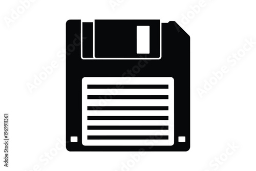 Vintage 3.5 inch floppy disk icon on white background, retro technology storage device, digital data symbol, isolated illustration, nostalgic computer accessory, black and white graphic.