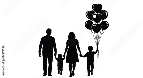 Silhouette of a family with heart shaped balloons on a white background walking together happily