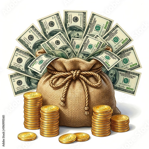 A burlap sack overflowing with dollar bills and gold coins on white background  symbolizing wealth and financial success