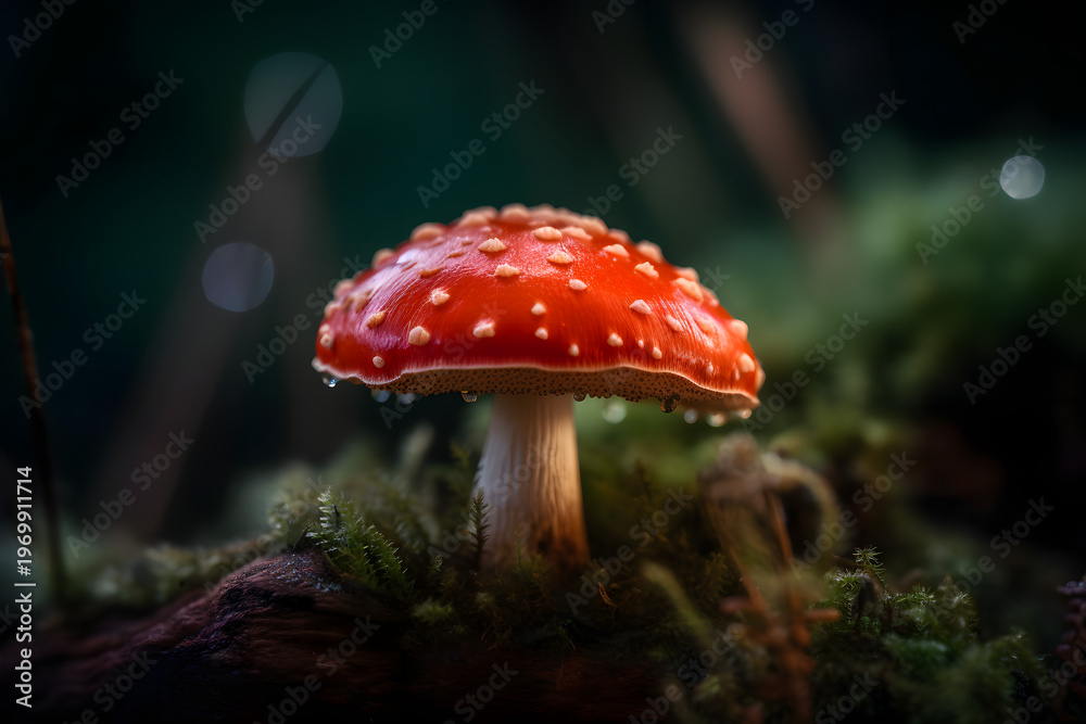 Fototapeta premium Amanita Muscaria Mushroom with Water Droplets in Forest Moss on a blurred forest background, macro photo