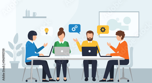 Diverse team brainstorming meeting in modern office with laptops in flat design style in bright vibrant lighting for business and teamwork