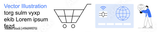 Online shopping, e-commerce, digital marketing, global communication, internet technology, remote connectivity. Shopping cart, globe with wireless person analyzing data. Online shopping and global