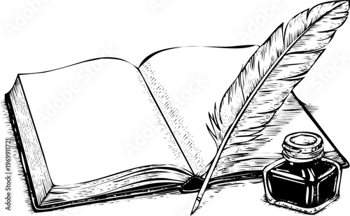 A quill pen and inkwell beside an open book