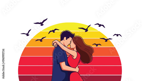 Loving couple embracing and kissing in front of a beautiful sunset with flying birds around them