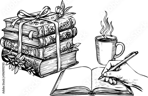 A stack of books with a cup of coffee and an open book on a with a pen